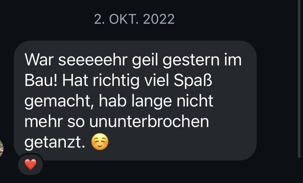 Nachricht nach einem Event: lange ununterbrochen getanzt